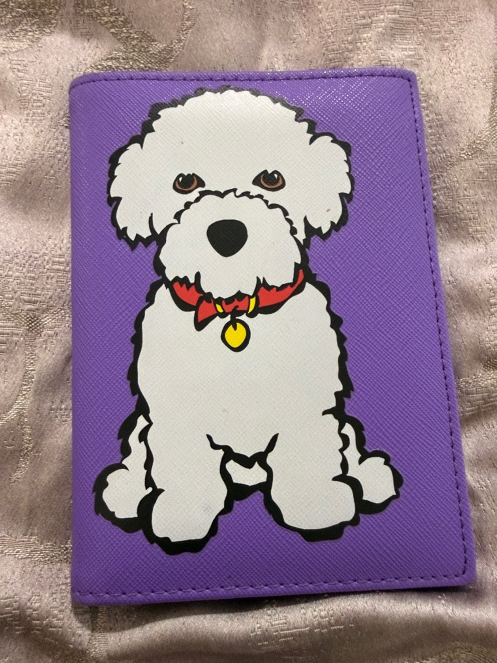 Purple Dog Passport Cover with White Pup Illustration